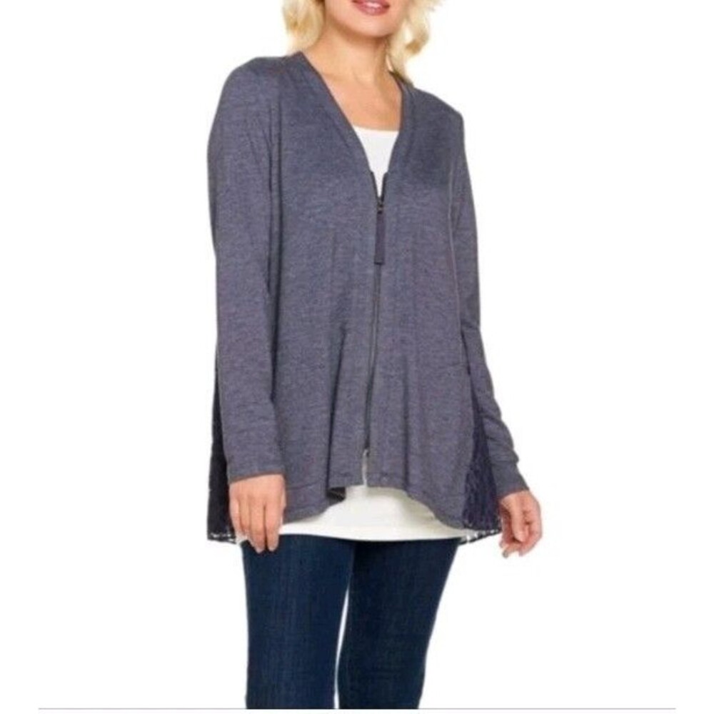 LOGO Lounge Lori Goldstein Cardigan Sz M Oversize Zip Up Gray Purple Lace Back - Picture 2 of 15